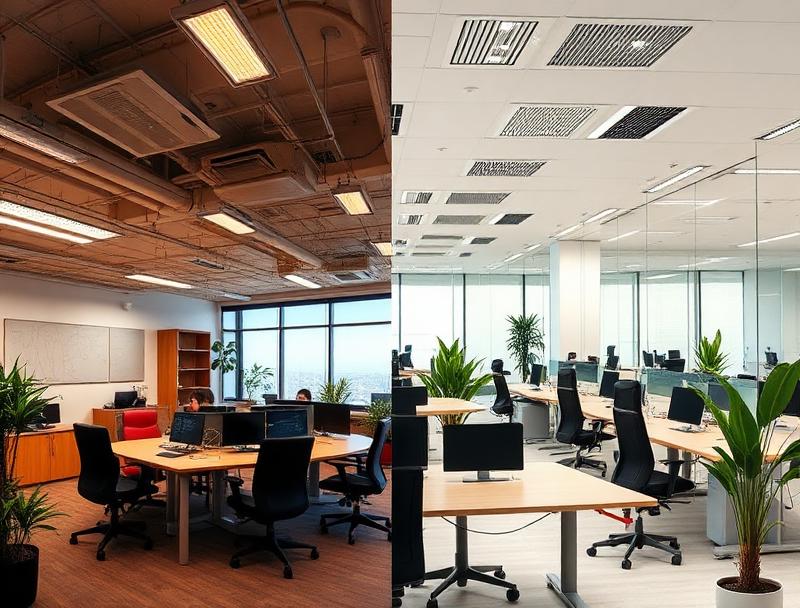 Antes y después de remodelación de oficina moderna en Las Condes Santiago